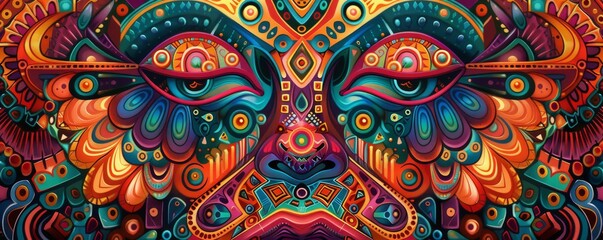 Vibrant, intricate psychedelic art featuring a colorful, abstract pattern and design resembling a mythical creature's face.