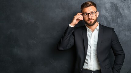 Confident businessman in formal attire pondering a solution against a dark background, ideal for professional or corporate themes.