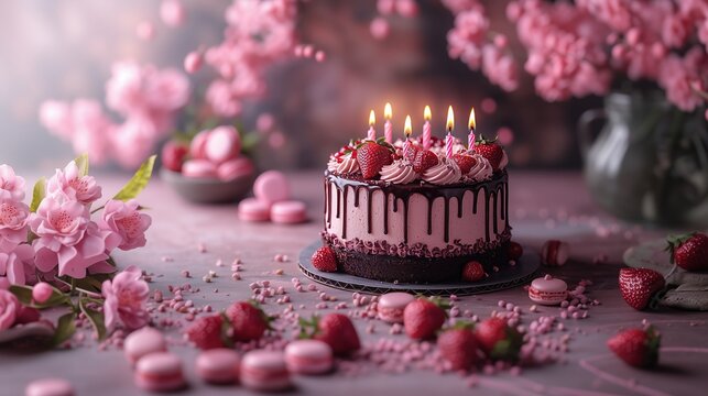 A beautifully decorated pink birthday cake topped with strawberries, candles, and chocolate drizzle, surrounded by macarons and flowers in a festive setting.
