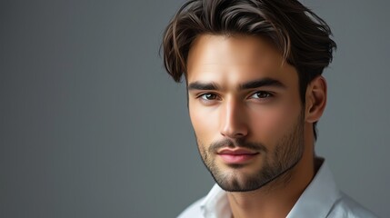 Obraz premium A close-up portrait of a handsome, confident man with styled hair and a well-groomed beard, wearing a white shirt against a neutral background. 