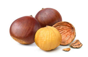 Close-up Chestnuts with peeled isolated on white background.