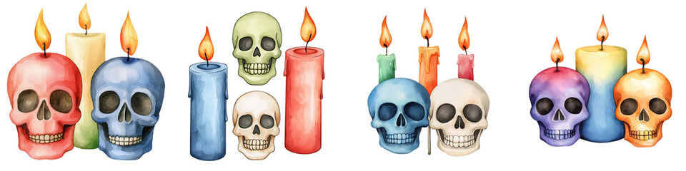 Colorful skulls and candles with flames, white isolate background