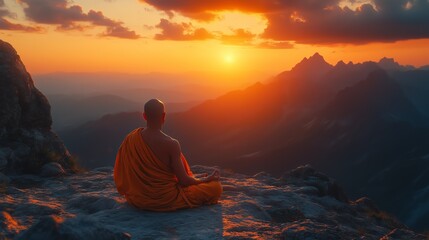 Obraz premium A monk in orange robes meditates on a mountain peak at sunrise, overlooking a peaceful valley and dramatic sky. 