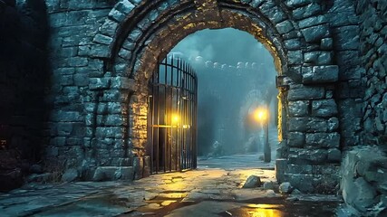 Ancient stone archway at night, illuminated path, mysterious medieval gate, eerie atmosphere, historic castle entrance.