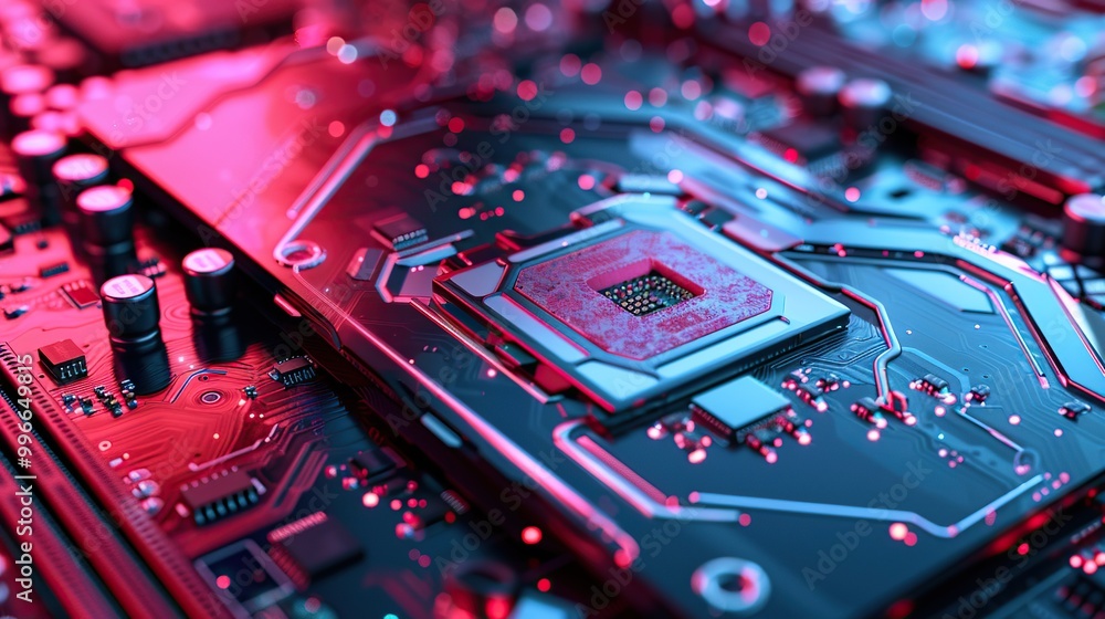 Poster a close-up of a high-performance graphics card with intricate designs
