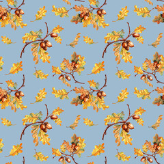 watercolor oak seamless pattern with acorns on white background