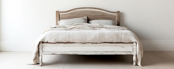 Rustic wooden bed frame with chipped white paint, draped in a faded quilt, in a cozy, vintage-inspired bedroom
