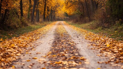 Fototapeta premium A winding path through the forest, covered in golden leaves, with trees on either side.