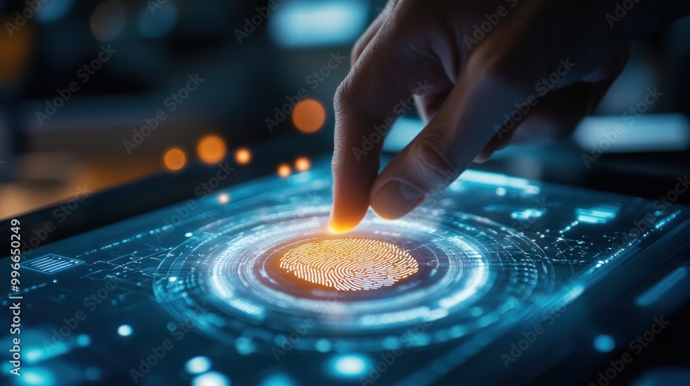Poster a hand interacting with a futuristic touchscreen displaying a fingerprint and digital data.