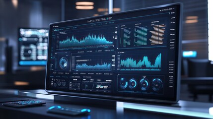 Obraz premium A high-tech monitor displaying data analytics and graphs in a modern workspace.