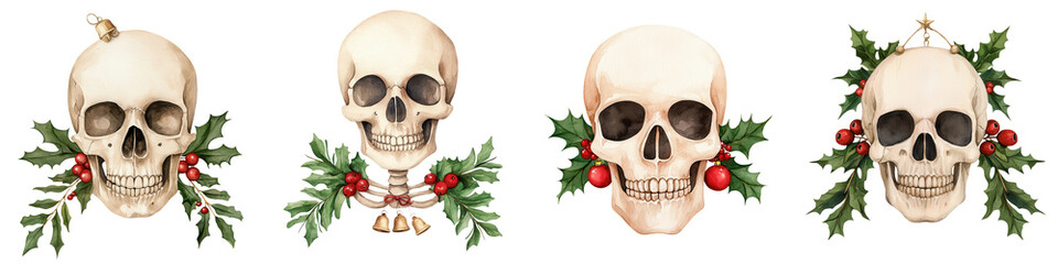 Obraz premium Four decorative skulls adorned with festive greenery and berries on a white background.