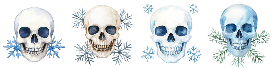 Obraz premium Four decorative skulls with snowflakes, white isolated background.