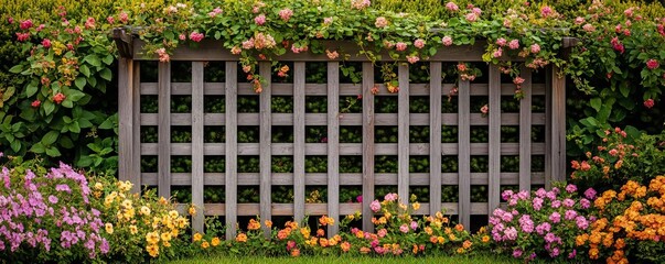 Rustic wooden garden trellis with climbing vines, surrounded by blooming flowers in a quaint countryside garden