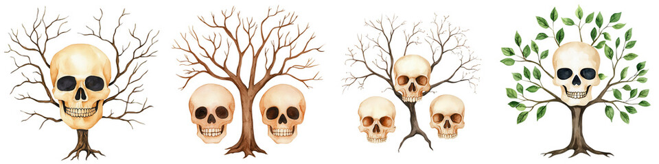 Obraz premium Skulls incorporated into tree designs, featuring various styles and colors.