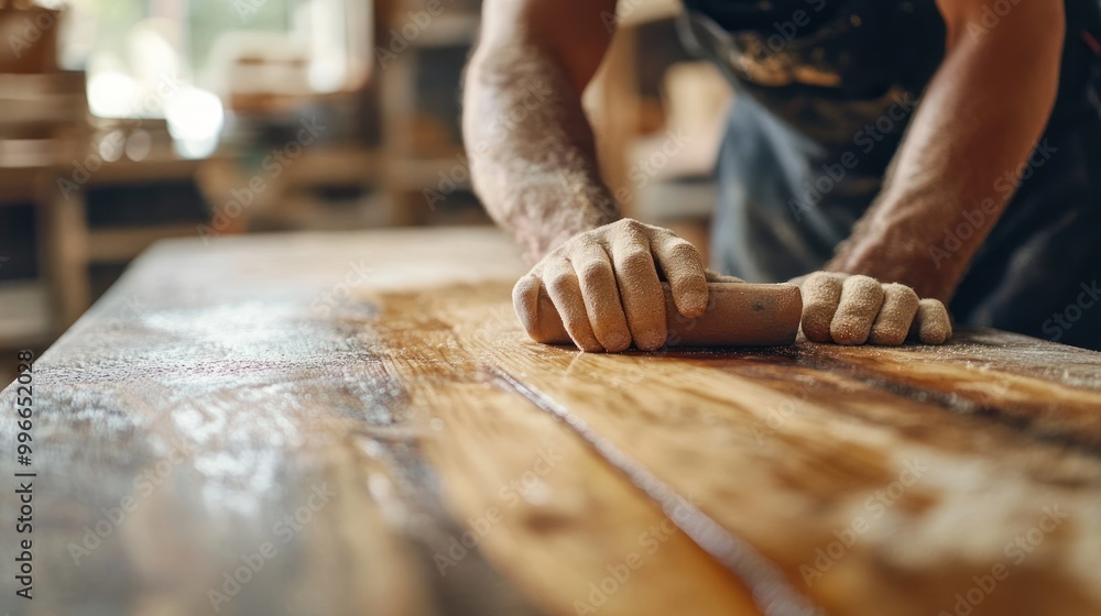 Poster A craftsman sanding a wooden surface in a workshop, showcasing woodworking skills.