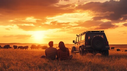 Fototapeta premium Couple sitting in tall grass, watching the sunset in the African savanna with a car parked nearby.