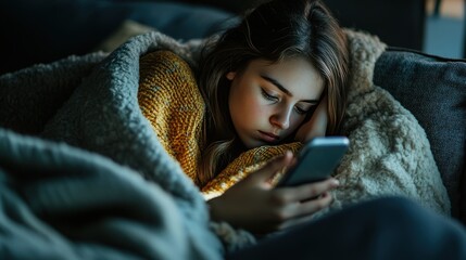 A young woman engrossed in her smartphone while cozying up in a blanket during a quiet evening at home