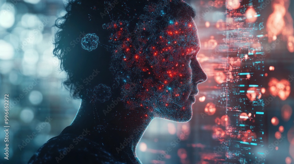 Poster a digital silhouette blending human form with abstract data elements, symbolizing knowledge.