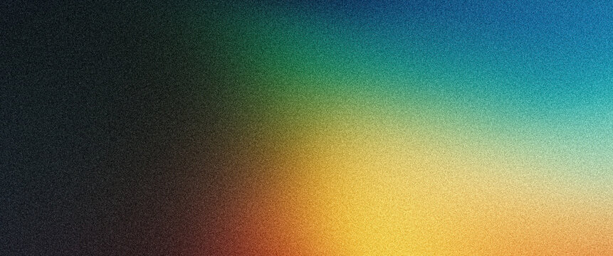 Grainy noisy gradient background, abstract vibrant color shape, glowing rainbow yellow green orange blue black noise texture banner design