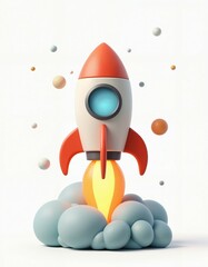 Cartoon Rocket Launching into Space with Clouds isolate on white background