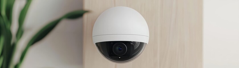 Home security camera with automated tracking, monitoring an empty room while syncing data to a smart hub, highlighting advanced automation and seamless integration