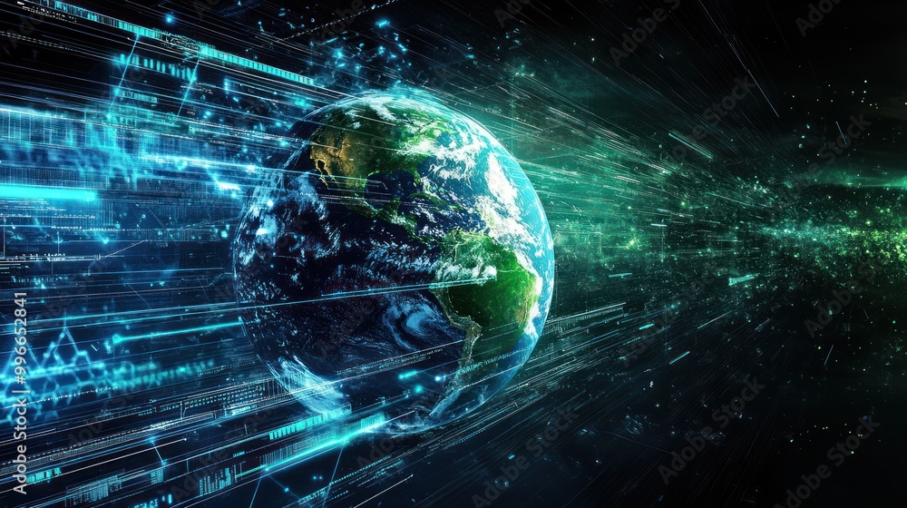 Poster a digital representation of earth surrounded by data streams and light effects, symbolizing technolo