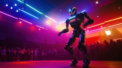 A dancing robot performs in a vibrant, colorful setting with an engaged audience.
