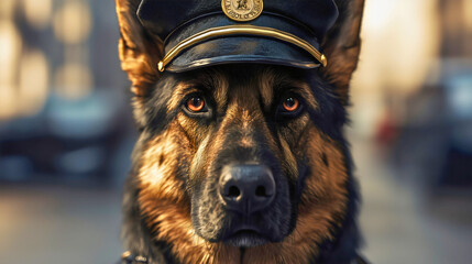 A police dog wearing a police hat, specially trained at the police station as a guard and search dog.
