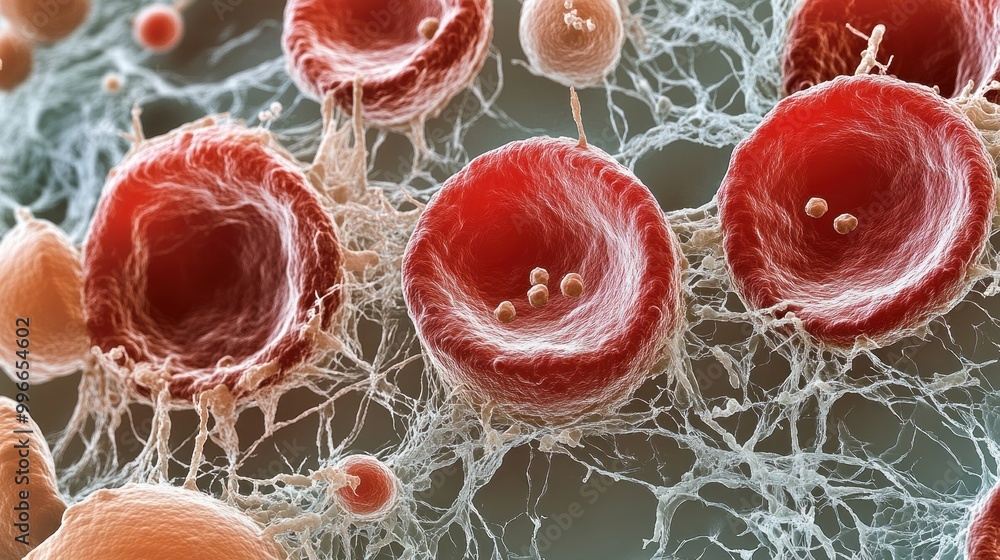 Poster microscopic view of red blood cells and surrounding structures.