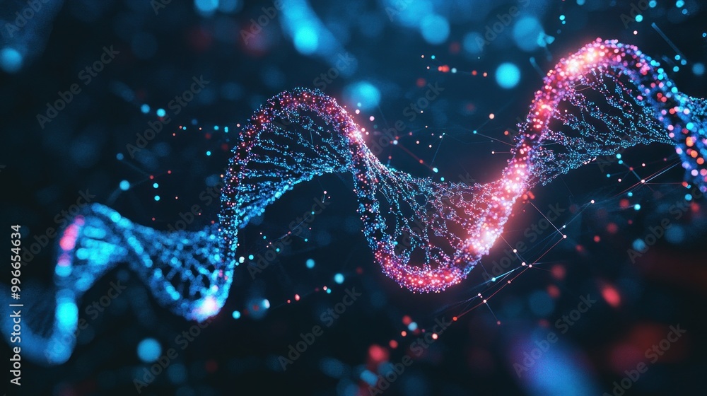 Poster abstract representation of dna strands with vibrant colors and glowing particles.