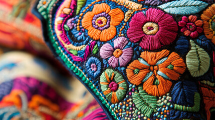 Display a beautifully completed embroidery piece, such as a decorative cushion cover, framed artwork, or a piece of clothing. Emphasize the vibrant colors and detailed patterns to showcase the final 