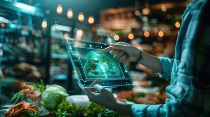 A woman utilizes a futuristic digital tablet with augmented reality features for grocery shopping, highlighting smart technology in retail and food selection