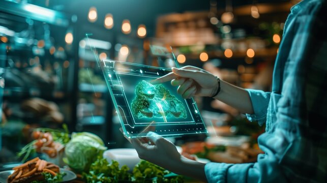 A woman utilizes a futuristic digital tablet with augmented reality features for grocery shopping, highlighting smart technology in retail and food selection