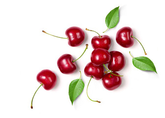Top view of Cherry fruit with leaves isolated on white background.