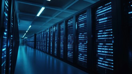 Fototapeta premium A corridor with server racks emitting blue light, showcasing a data center environment.