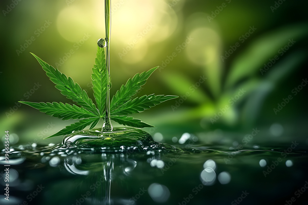 Poster Cannabis Water. Dripped Liquid of CBD Oil in Isolated Green Nature Background