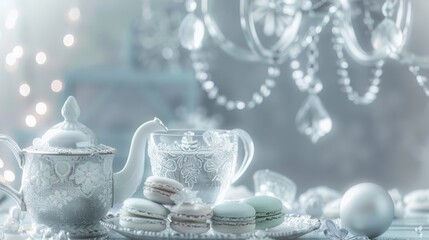 Tea set on the table on a blue background
