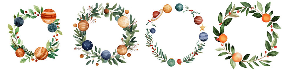 Colorful decorative wreaths on a white isolated background.