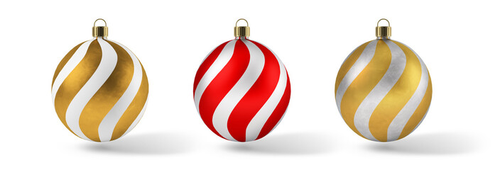 Three Christmas ornaments with red, gold and white stripes on a white background