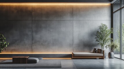 This beautifully designed Japanese minimalist loft showcases a spacious living area with concrete walls, natural light streaming in, and elements that evoke tranquility and modernity