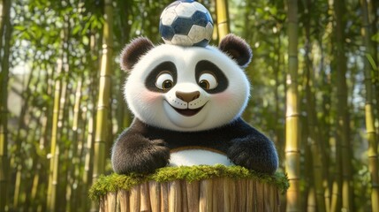 Fototapeta premium A cheerful panda balances a soccer ball on its head, surrounded by bamboo.