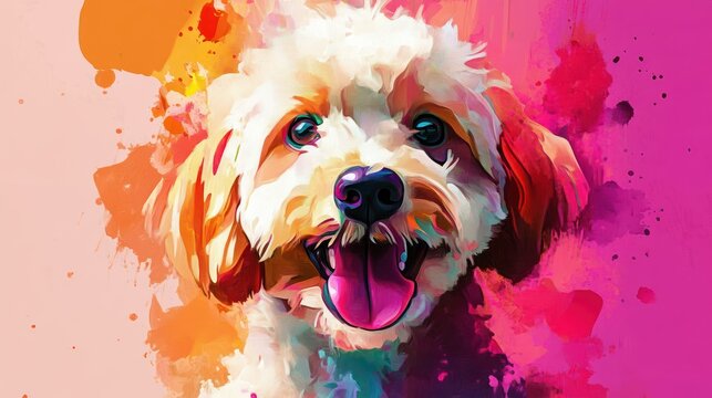 Close-up portrait of a happy dog with its tongue sticking out. The dog's fur is painted in a white and cream color with splashes of orange and pink, creating a vibrant and abstract background.