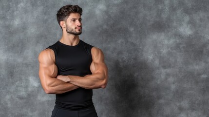 Fototapeta premium Confident young man with muscular build posing against a textured gray background, showcasing strength and fitness.