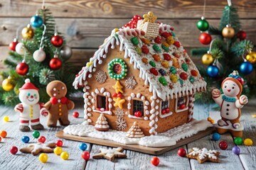 Obraz premium Gingerbread house decorated with colorful candies