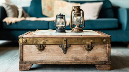 Worn-out wooden chest with brass details, used as a coffee table, topped with an old lantern and a faded map