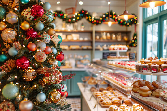 Festive bakery with Christmas tree ornaments