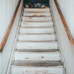 Worn-out wooden staircase with chipped paint, leading to an attic filled with vintage treasures © Kankamol Tama