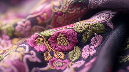 Illustrate a close-up view of an embroidered fabric, highlighting intricate patterns and stitches. Show the fine details of the threads, the texture of the fabric