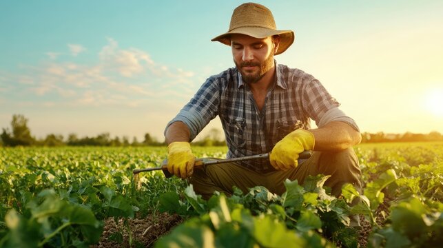 Dedicated farmer tending to crops under a bright sun, showcasing passion for agriculture and sustainable farming practices.