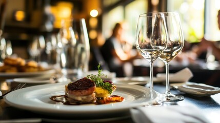 Close-up of a gourmet meal with meat, vegetables, and sauce, with two wine glasses in the background.